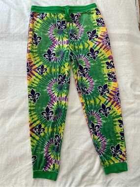 Tie-Dye Fleur-de-Lis Mardi Gras Jogger Pants - Green, Purple, Yellow, size XL